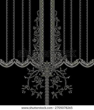 This elegant kurti design showcases intricate *gold embroidery* on a sleek black background. The pattern features delicate floral motifs with vertical stripes of ornate lace-like detailing, complement