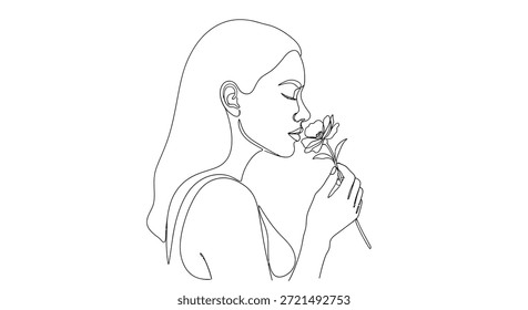 Esta elegante línea de arte representa a una mujer que huele delicadamente una flor, capturando un momento de serenidad y conexión con la naturaleza. El estilo minimalista enfatiza la belleza de la simplicidad, haciéndola