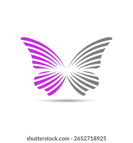 Este logotipo elegante retrata uma borboleta estilizada formada por linhas curvas em rosa e cinza, simbolizando beleza, transformação e movimento gracioso.