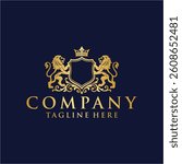 This elegant and luxurious logo design features a golden heraldic crest guarded by two majestic lions, crowned at the top, and decorated with intricate flourishes. Perfect for premium brands, law firm