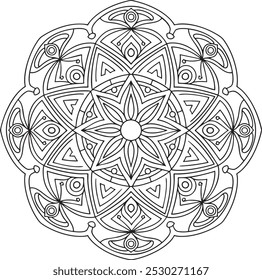This elegant mandala design features intricate geometric patterns, perfect for mindfulness activities and coloring. The symmetrical shapes and fine lines offer a relaxing and meditative experience. 