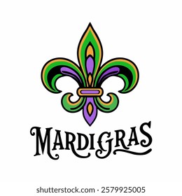 This elegant Mardi Gras fleur-de-lis logo features vibrant purple, green, and gold colors with ornate details and decorative text, perfect for festive designs.