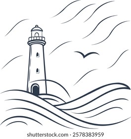 This elegant minimalist line art illustration features a lighthouse standing tall against stylized ocean waves, accompanied by a soaring seagull in a serene coastal scene.