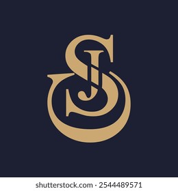 This elegant monogram logo combines the letters "S" and "J" in a sophisticated, interlocking design. The bold serif typography creates a timeless look, while the warm, gold-like color against the dark