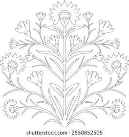 This elegant Mughal floral outline design showcases a detailed and symmetrical arrangement of flowers and leaves, inspired by Mughal art. Perfect for coloring books, embroidery patterns. floral line a