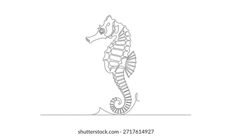 This is an elegant one line drawing of a seahorse on a white background, it can be use to decoration and it is a minimalist art design to decorate your space, is a simple marine art design. Single