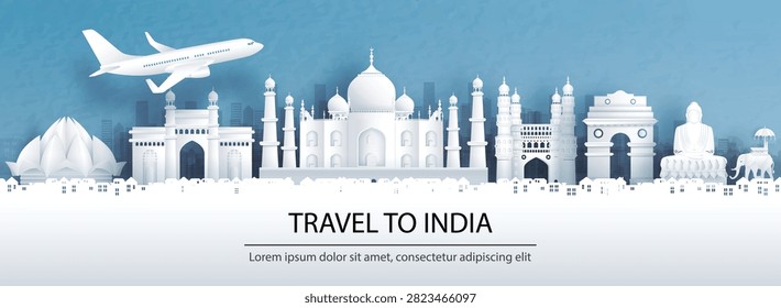 This elegant paper cut style vector banner showcases a beautifully layered skyline of India's most iconic historical landmarks and cultural monuments. The design features a white airplane flying across a textured blue sky over famous sights including the Lotus Temple, Gateway of India, Taj Mahal, Charminar, India Gate, and the Great Buddha Statue. It is perfect for travel agency advertisements, flight booking website headers, global tourism marketing campaigns, and Asian destination vacation flyers.#TravelToIndia #IndianTourism #VectorBanner #PaperCutArt #FamousLandmarks #IndiaSkyline #VacationPlanning #ExploreIndia
