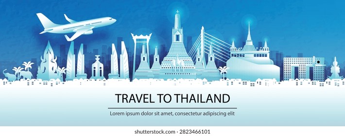 This elegant paper cut style vector banner showcases a beautifully layered skyline of Thailand's most iconic historical landmarks and cultural monuments. The design features a white airplane flying across a textured blue sky over famous sights including Wat Arun (Temple of Dawn), the Giant Swing, Rama VIII Bridge, and traditional Siamese temples. It is perfect for travel agency advertisements, flight booking website headers, global tourism marketing campaigns, and Southeast Asian destination vacation flyers.#TravelToThailand #ThailandTourism #VectorBanner #PaperCutArt #FamousLandmarks #ThailandSkyline #VacationPlanning #ExploreThailand