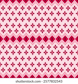 This elegant pattern combines traditional geometric motifs with a modern color palette of deep reds and soft pinks on a crisp white background.