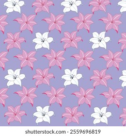 This elegant pattern features a repeating design of white and pink lilies on a soft purple bg.This versatile pattern is perfect for various applications like wallpaper, fabric, or decorative accents. 