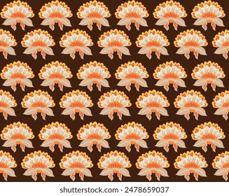 Este elegante patrón muestra un diseño repetido de flores de inspiración vintage en tonos cálidos de naranja y beige sobre un fondo marrón oscuro. Ideal para el uso en estampados de tela, Fondos de pantalla, decoración del hogar,