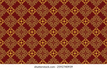 This elegant red and gold  damask pattern features intricate floral and ornamental details, perfect for fabric pattern, wallpaper, textiles, branding, luxury packaging, wedding invitations, and decor.