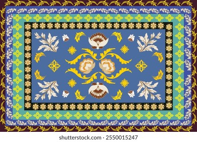 This elegant rug features a blue background with intricate golden and beige floral patterns, white accents, decorative butterflies, and layered borders in green, black, and maroon, creating a rich