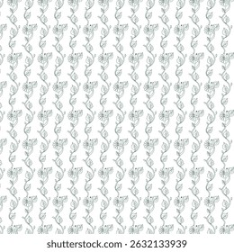 This elegant seamless floral pattern features delicate flowers, leaves, and swirling vines in a sophisticated hand-drawn style, set against a pristine white background.