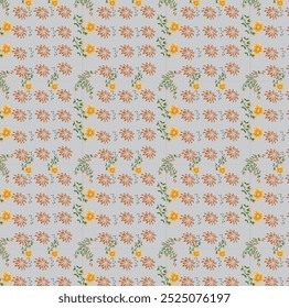  This elegant seamless pattern features vibrant yellow flowers and orange petal-like accents arranged in a harmonious grid layout. The floral design is interwoven with delicate green vines and leaves,