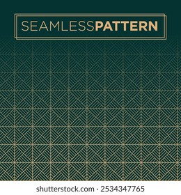 This elegant seamless pattern features a geometric design of overlapping gold lines forming diamond shapes against a dark green background. 