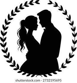 This elegant silhouette features a couple in a loving embrace, enclosed by a decorative floral wreath. The design embodies romance and intimacy, making it a perfect representation of love and connection. Ideal for wedding invitations, decor, and romantic art, this illustration can inspire feelings of joy and warmth, adding a touch of elegance to any celebration of love.