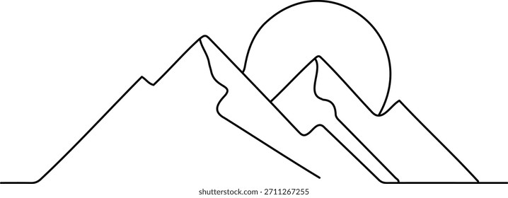 Esta elegante ilustración de una sola línea captura la belleza serena de un paisaje de montaña con un sol prominente, perfecto para temas de naturaleza minimalistas.