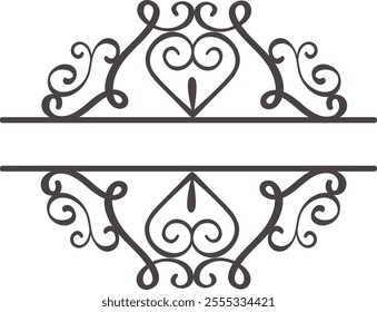 This elegant split monogram frame features ornate swirls, heart shapes, and a classic design, creating a sophisticated and romantic touch for wedding invitations, stationery, or personalized gifts