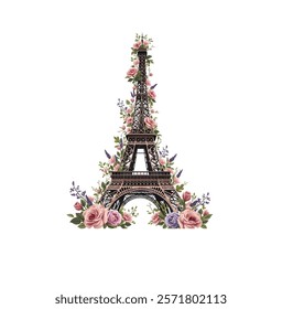 This elegant vector art illustration reimagines the iconic Eiffel Tower intertwined with a cascade of delicate flowers. Roses, lilies, and ivy gracefully wrap around the tower's intricate framework.