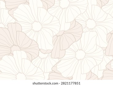 This elegant vector background features a monochromatic minimalist floral pattern in soft cream and beige tones. Showcasing layered, overlapping outline drawings of large poppy or anemone blossoms with delicate petal linework, this aesthetic graphic offers a soothing and sophisticated look. It is an exceptional asset for luxury cosmetic packaging, wedding invitation templates, chic lifestyle blogs, and contemporary interior wallpaper designs.#MinimalistFloral #BeigeBackground #LineArtFlowers #ElegantTexture #BotanicalWallpaper #VectorGraphic #SoftAesthetics #ChicDesign #TextilePattern #PackagingTemplate