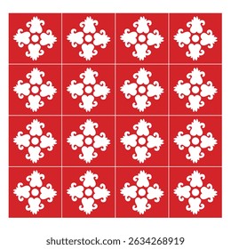 This elegant vector features a repeating white floral pattern set against a vibrant red background, perfect for sophisticated decorative projects. The seamless design with its symmetry.