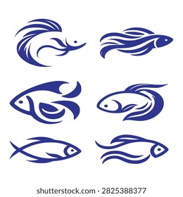 This elegant vector graphic collection features six unique, stylized fish silhouettes rendered in a vibrant dark blue. Designed with dynamic curves and flowing lines that mimic underwater movement, these abstract icons are perfect for seafood restaurant branding, fishing clubs, aquatic sports teams, marine conservation logos, or creative tattoo artwork. The clean, scalable line art ensures seamless adaptability for everything from digital apps and websites to printed merchandise and corporate stationary.#FishLogo #MarineVector #AbstractFish #BrandingDesign #GraphicElements #VectorIcons #SeaCreatureArt #MinimalistDesign #OceanGraphics #LogoCollection