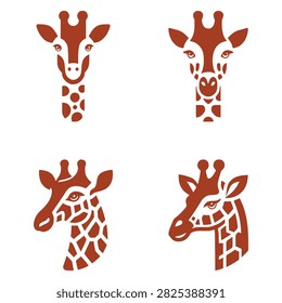 This elegant vector graphic collection features four unique, stylized giraffe head illustrations rendered in a warm brown tone. Featuring two symmetrical front-facing portraits and two dynamic profile views, these abstract icons beautifully showcase the giraffe's distinct spots and elegant features. Perfect for zoo branding, wildlife conservation logos, children's apparel, educational materials, or safari-themed product packaging, these clean and scalable line art silhouettes ensure seamless adaptability across both digital and print media.#GiraffeLogo #SafariVector #AbstractGiraffe #BrandingDesign #GraphicElements #VectorIcons #WildlifeArt #MinimalistDesign #AfricanAnimals #LogoCollection