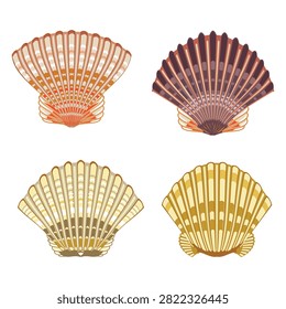 This elegant vector graphic showcases a beautiful collection of four highly detailed scallop shell illustrations isolated on a white background. Each decorative seashell features intricate fan-shaped ribbing and stylized concentric patterns rendered in distinct summer color combinations, including rich coral orange, deep plum purple, muted sand beige, and bright golden yellow. Perfect for ocean-themed branding, coastal home decor prints, tropical pattern designs, and summer festival invitations, this high-quality marine asset captures the sophisticated beauty of natural seaside treasures.#ScallopShells #SeaSeashells #OceanArt #BeachVibes #NauticalDesign #VectorIllustration #MarineLife #CoastalLiving #SummerAesthetic #GraphicDesignAsset