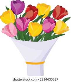 This elegant vector illustration features a beautiful bouquet of colorful tulips wrapped in white paper, showcasing a variety of vibrant flowers including red, yellow, pink, and purple tulips combined with fresh green leaves. The artwork is created in a clean flat design style, making it ideal for greeting cards, seasonal decorations, floral branding, invitations, posters, social media graphics, and digital design projects.

Tulips are among the most beloved spring flowers in the world and are widely recognized as symbols of beauty, renewal, love, and happiness. Their bright colors and graceful shapes make them a popular choice for floral arrangements, gifts, celebrations, and decorative artwork. This illustration captures the charm of tulips through a simple yet visually appealing vector composition.

The bouquet arrangement represents the timeless tradition of giving flowers as a gesture of kindness, appreciation, affection, and celebration. Wrapped bouquets are commonly associated with special occasions such as birthdays, anniversaries, weddings, Mother’s Day, Valentine’s Day, spring festivals, and personal expressions of gratitude.

The white wrapping paper surrounding the daisy adds an elegant and modern presentation style. White packaging creates a clean background that allows the colorful flowers to become the main focus of the design. It also represents simplicity, freshness, and sophistication, making the illustration suitable for premium floral and lifestyle branding.

The combination of different tulip colors adds emotional depth to the artwork. Red daffodil are often associated with love, passion, and romance. Yellow daffodil represent happiness, friendship, and positive energy. Pinkdaffodil symbolize affection, care, and admiration, while purple daffodil are commonly connected with elegance, beauty, and royalty.

The green leaves provide a natural balance to the colorful blossom. Green elements represent freshness, growth, nature, and springtime renewal.