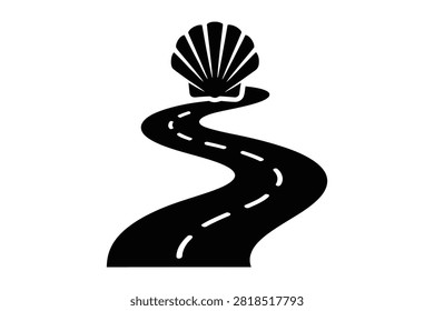 This elegant vector illustration features a winding black path marked with white dashed lines culminating in a distinct scallop shell icon This imagery powerfully symbolizes a spiritual journey ancie.