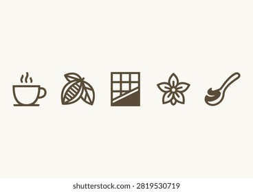 This elegant vector illustration features a set of brown outline icons celebrating chocolate, coffee, and confectionary themes. The collection includes a hot cup of coffee, cacao beans with leaves, a chocolate bar, a floral element, and a spoon with spread or chocolate. Cleanly designed with a minimalist line art aesthetic, these graphic elements are ideal for cafe branding, dessert menus, packaging, and food-related design projects.

#ChocolateIcons #CoffeeArt #CacaoBeans #FoodIcons #VectorGraphics #LineArt #CafeDesign #SweetTreats #ModernIcons #VectorIllustration
