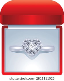 This elegant vector illustration showcases a luxurious heart-shaped engagement ring featuring a brilliant center gemstone surrounded by a dazzling halo of smaller sparkling accents. The polished white metal band complements the romantic heart design, creating a timeless jewelry piece that symbolizes everlasting love, commitment, affection, and unforgettable moments. Designed with exceptional attention to detail, the illustration reflects classic bridal elegance while maintaining a clean and sophisticated appearance suitable for numerous commercial and editorial applications.

The heart-shaped centerpiece represents romance, devotion, emotional connection, and meaningful celebrations. Its graceful silhouette creates a distinctive alternative to traditional gemstone cuts, making the design especially appealing for engagement announcements, wedding invitations, anniversary greetings, Valentine's Day promotions, luxury jewelry branding, romantic gift campaigns, and special occasion marketing. The surrounding halo of brilliant accent stones enhances visual brilliance while adding depth, sparkle, and refined sophistication to the overall composition.

The polished white metal band features a smooth contemporary profile that beautifully balances the brilliance of the centerpiece. Its refined appearance complements both modern and classic jewelry styles, making the illustration suitable for bridal collections, fine jewelry advertisements, luxury catalogs, online boutiques, fashion editorials, lifestyle publications, premium branding, and elegant promotional materials. The harmonious combination of precious metal and sparkling gemstones creates an iconic symbol of lifelong commitment and enduring affection.

Created in professional vector format, this artwork offers crisp outlines, scalable quality, and outstanding clarity across both print and digital media. Designers can easily resize the illustration for posters, brochures, greeting cards, social media graphics, website banners, e-commerce platforms, magazine layouts.