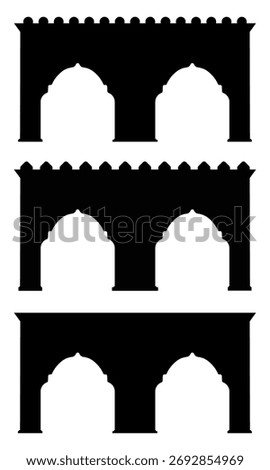 This elegant vector illustration showcases a collection of Mughal architectural arch silhouettes inspired by traditional South Asian and Islamic design. 