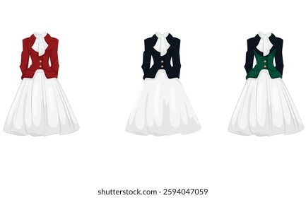 This elegant Victorian-inspired dress features a white flowing skirt, a fitted jacket in red, black, or green with gold buttons, and a classic white bow tie. A perfect blend of vintage charm.