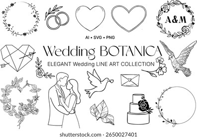 This elegant Wedding Botanica line art collection includes floral wreaths, hearts, rings, birds, wedding couples, cakes, doves, leaves, and romantic decorations.
