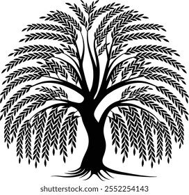 This elegant weeping willow tree silhouette vector showcases flowing, detailed branches for logo, poster, t-shirt, digital art. Weeping willow vector, black willow tree art, leafy willow silhouette