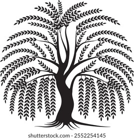 Diese elegante weinende Weide Baum Silhouette Vektor zeigt fließende, detaillierte Zweige für Logo, Poster, T-Shirt, digitale Kunst. Weinende Weide Vektor, schwarze Weide Baum Kunst, blättrige Weide Silhouette