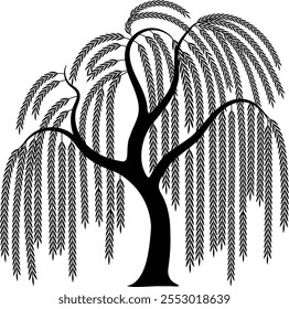 This elegant weeping willow tree silhouette vector showcases flowing, detailed branches for logo, poster, t-shirt, digital art. Weeping willow vector, black willow tree art, leafy willow silhouette