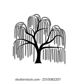 This elegant weeping willow tree silhouette vector showcases flowing, detailed branches for logo, poster, t-shirt, digital art. Weeping willow vector, black willow tree art, leafy willow silhouette