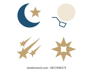 This elegantly crafted vector graphic, referencing the file image_c4209e.png, features a minimalist celestial icon collection. The set includes a navy blue crescent moon paired with a gold star, a pale full moon layered with a navy blue constellation, a dynamic cluster of gold shooting stars, and a prominent eight-pointed gold starburst. Rendered in a sophisticated navy and gold color palette, these clean and versatile elements are perfect for astrology themes, mystical artwork, astronomy concepts, or any project needing beautiful night sky graphics.

#CelestialIcons #NightSky #MoonAndStars #Constellation #ShootingStars #VectorDesign #MinimalistArt #AstrologyGraphics #SpaceIcons #NavyAndGold