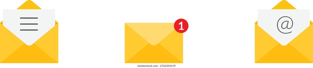 This email icon set features a new message notification and envelopes with text or an at sign. The modern flat design is ideal for web and application interfaces, symbolizing communication and mail delivery. Icons are isolated on a transparent background.
