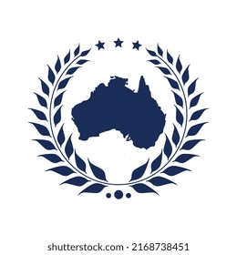 este es un logotipo emblema de estilo plano en color azul oscuro que representa el continente de Australia dentro de una corona de laurel con fines relacionados con Australia.