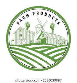 Este emblema mostra um celeiro e um moinho de vento contra campos rolantes, simbolizando produtos agrícolas e dedicação agrícola. O design enfatiza a sustentabilidade e a vida rural.