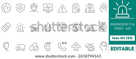 This Emergency and First Aid icon set features professional designs for medical assistance, health safety, and emergency services, perfect for apps, websites, and presentations.