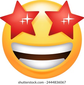 This emoticon depicts a yellow face with large, sparkling eyes, resembling stars. It conveys a sense of wonder, admiration, excitement, or being star struck. 