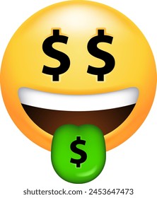 This emoticon with a dollar sign for a tongue, conveys various meanings related to wealth, success, and extravagance. It expresses feelings of satisfaction, excitement in financial matters.