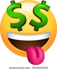 This emoticon with dollar signs for eyes is sticking out its tongue in a playful or cheeky manner. It conveys a sense of lightheartedness, or mischief, particularly in discussions related to money.