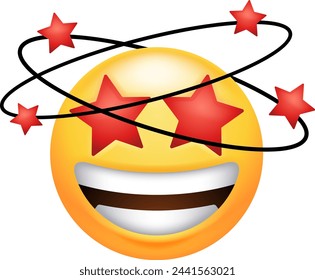 This emoticon with stars floating around its head conveys a sense of dizziness, being stunned, or feeling overwhelmed by a situation. It suggests a feeling of being disoriented or amazed.