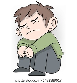 This emotional illustration depicts a sad boy sitting with his knees drawn up, eyes closed, and a distressed expression on his face.